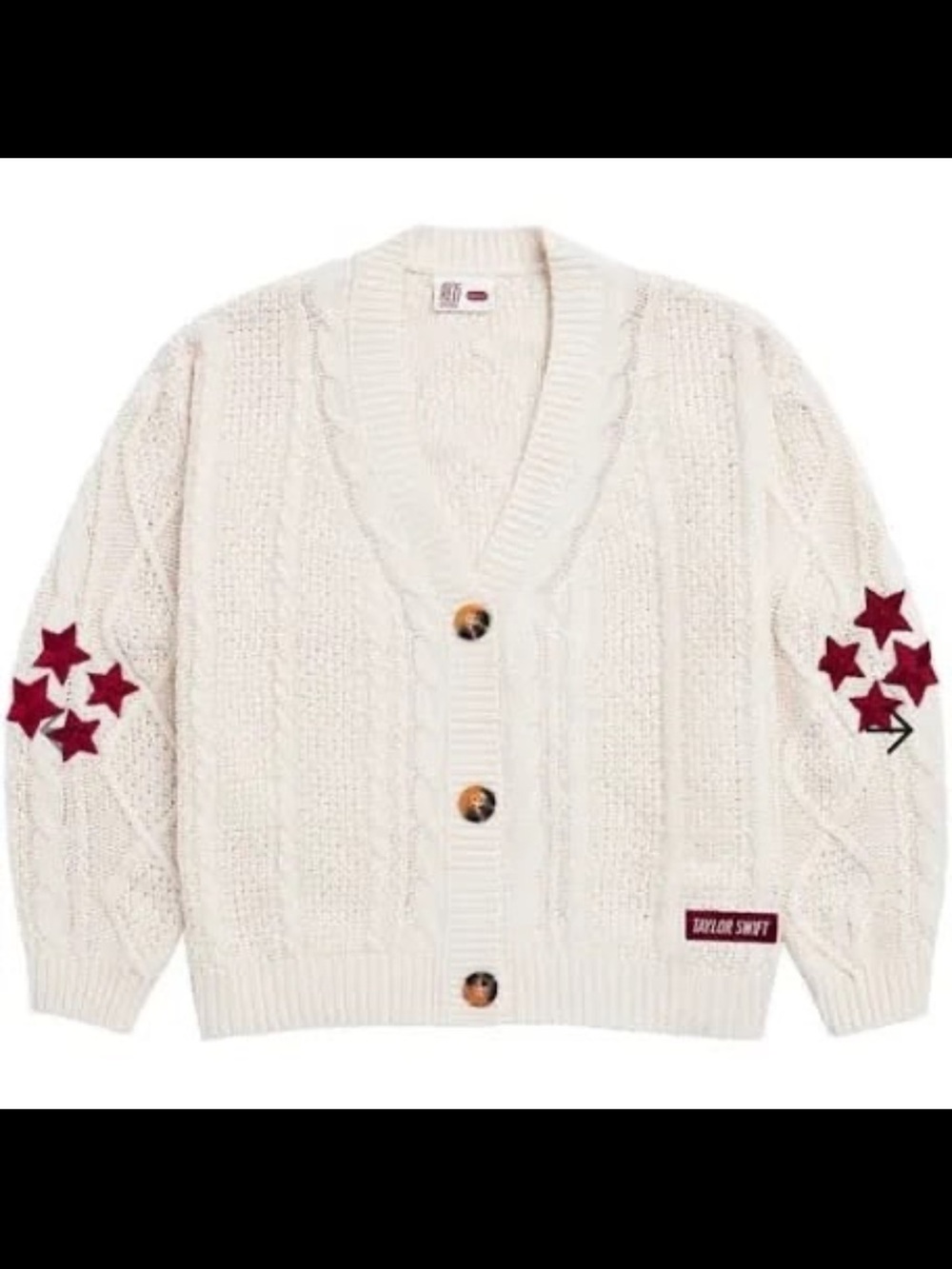 Cream Cable-Knit Cardigan with Red Star Details
